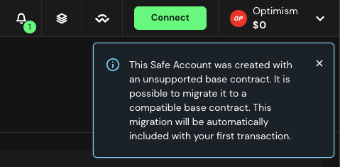 Safe warning that an account uses an unsupported base contract and may need migration.