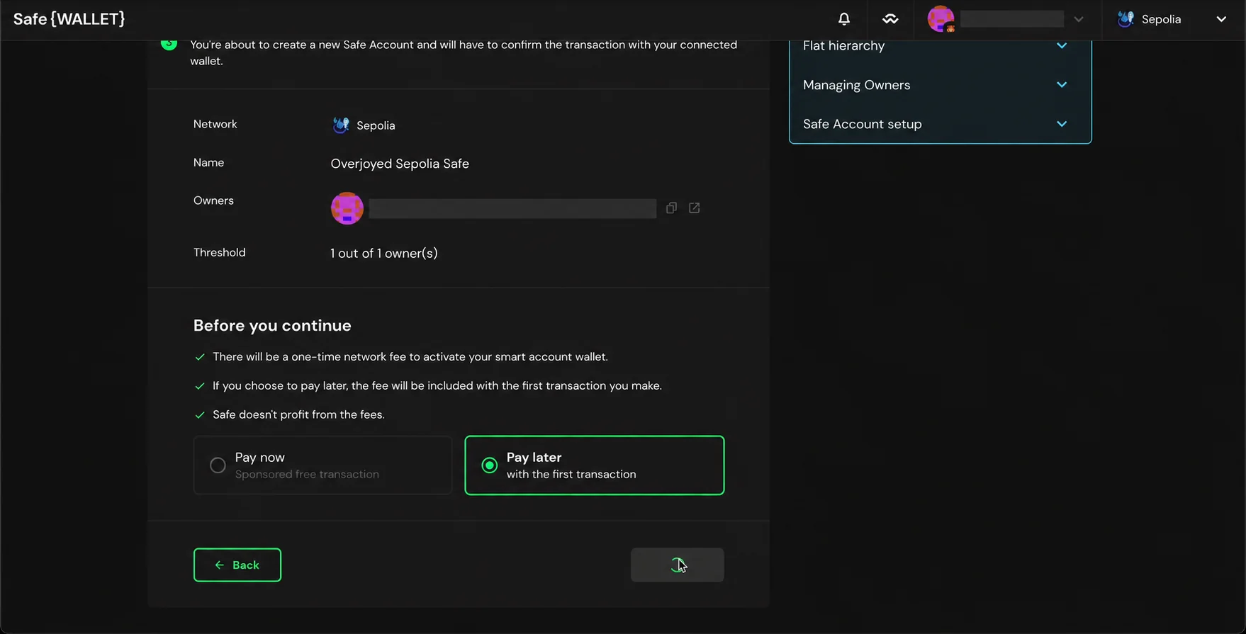 Safe creation review showing a one-owner threshold and the Pay later option, with address redacted.