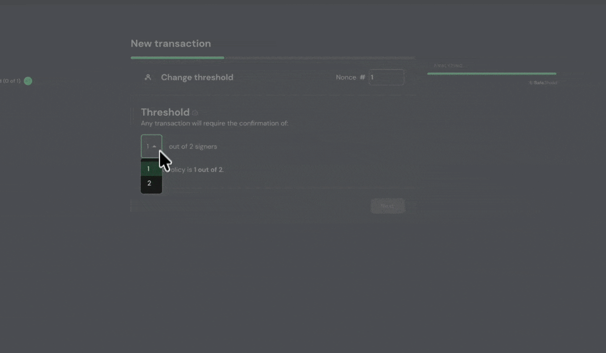 Safe interface showing the threshold selector for a settings change.