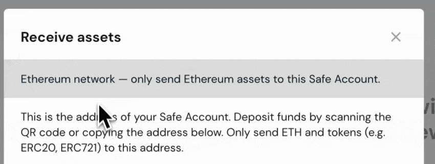 Safe Wallet Receive assets dialog warning that only Ethereum assets should be sent to the displayed Ethereum account.