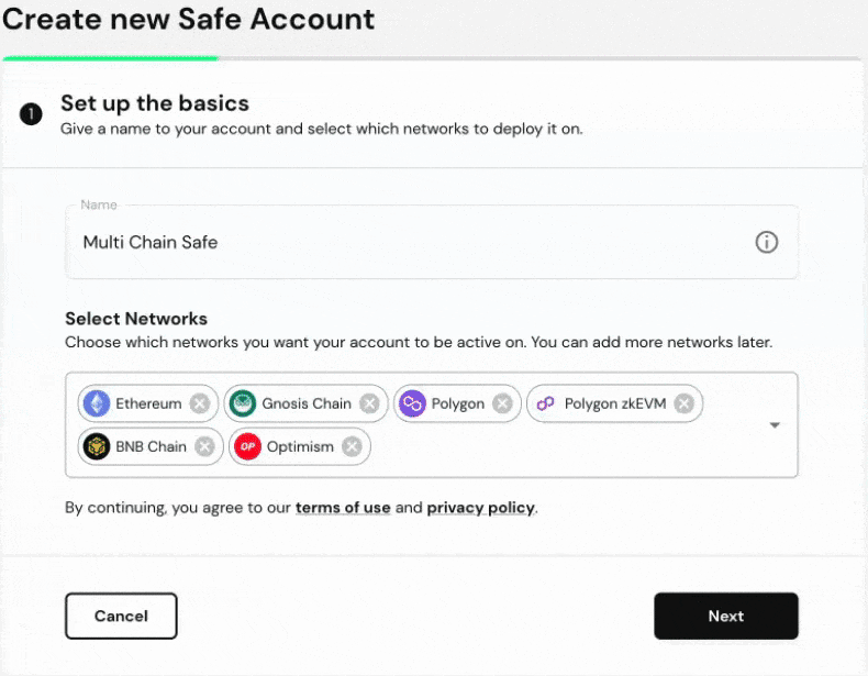 Safe interface showing network selection for a multi-chain account.