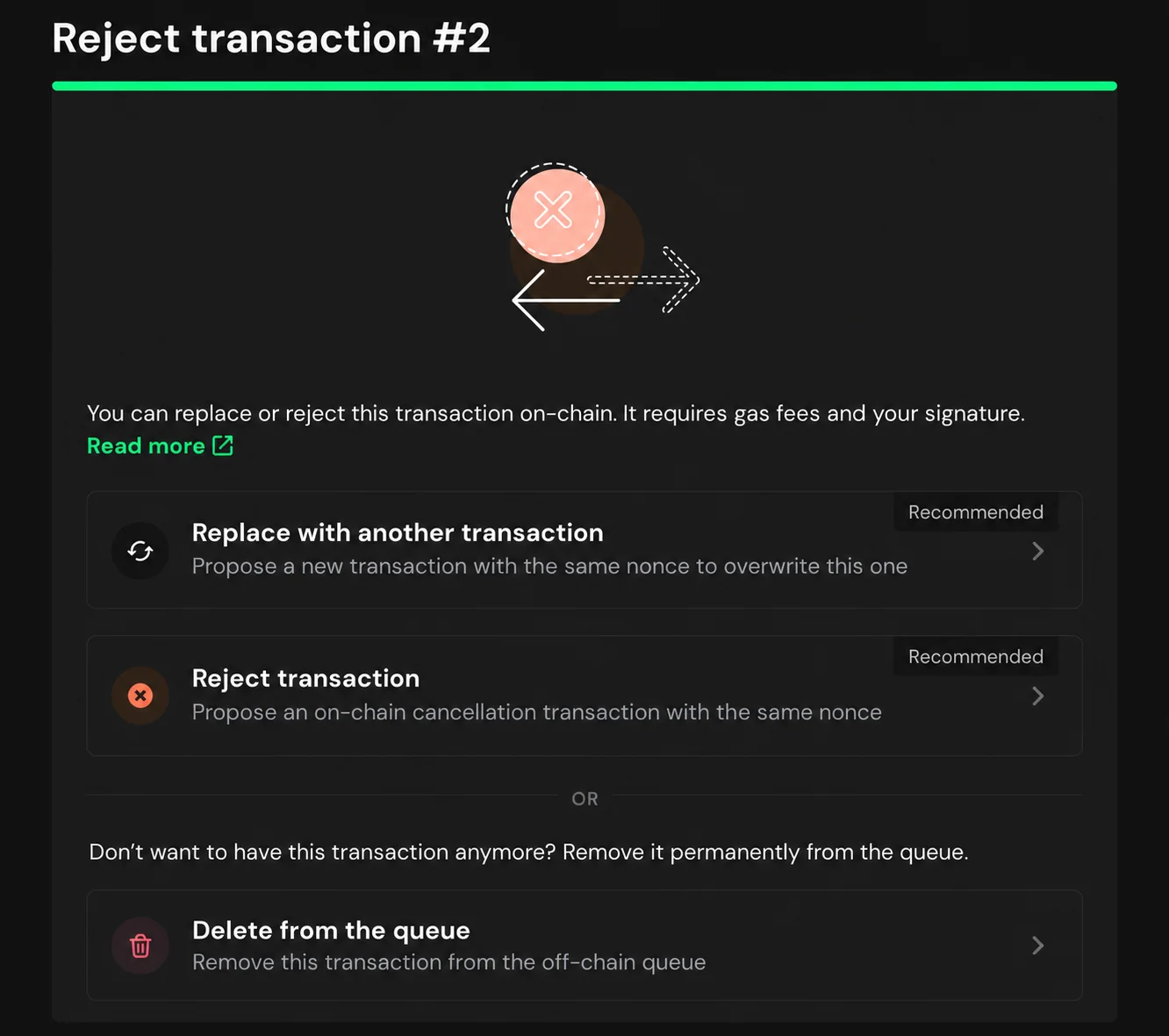 Safe transaction rejection panel showing replace, cancel on-chain, and delete from queue.