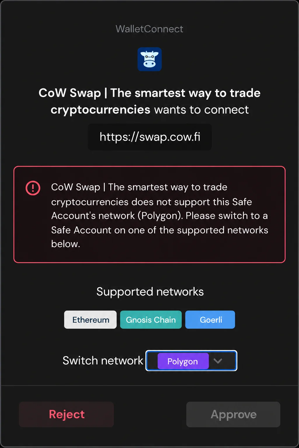 Safe WalletConnect prompt showing a network mismatch and disabled Approve button.