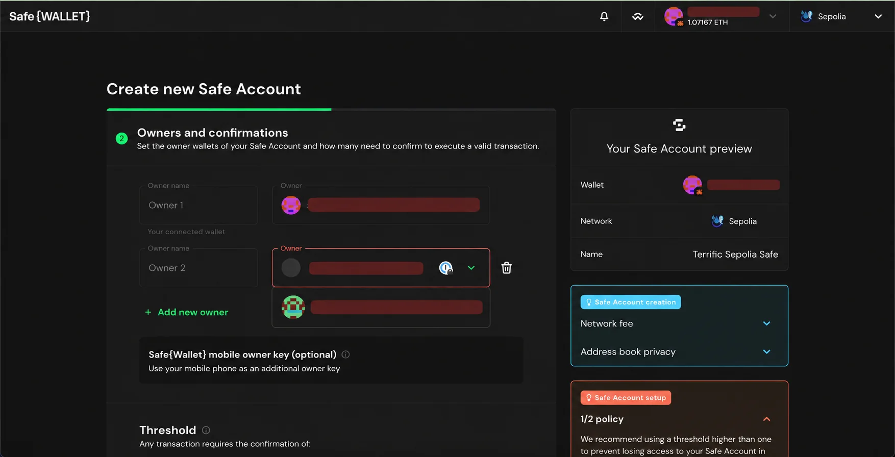 Safe creation screen showing Owner 1, Owner 2 and threshold, with example addresses redacted.